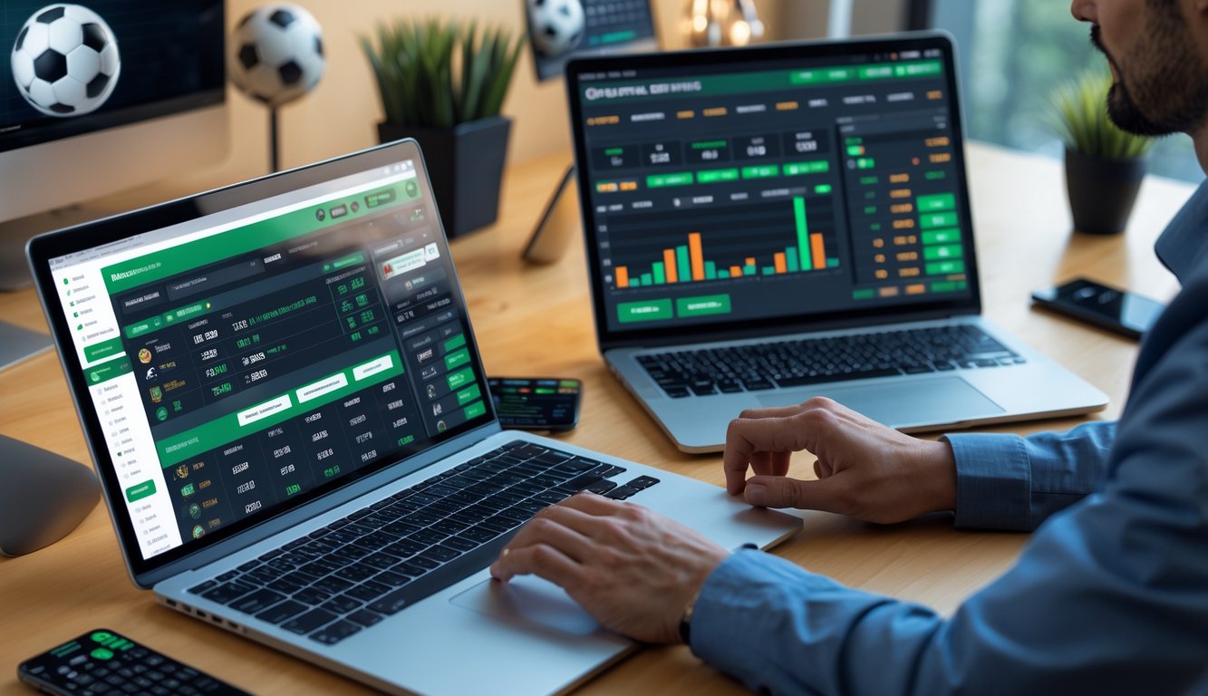Seseorang menggunakan beberapa perangkat digital untuk melihat statistik dan peluang taruhan sepak bola secara online.