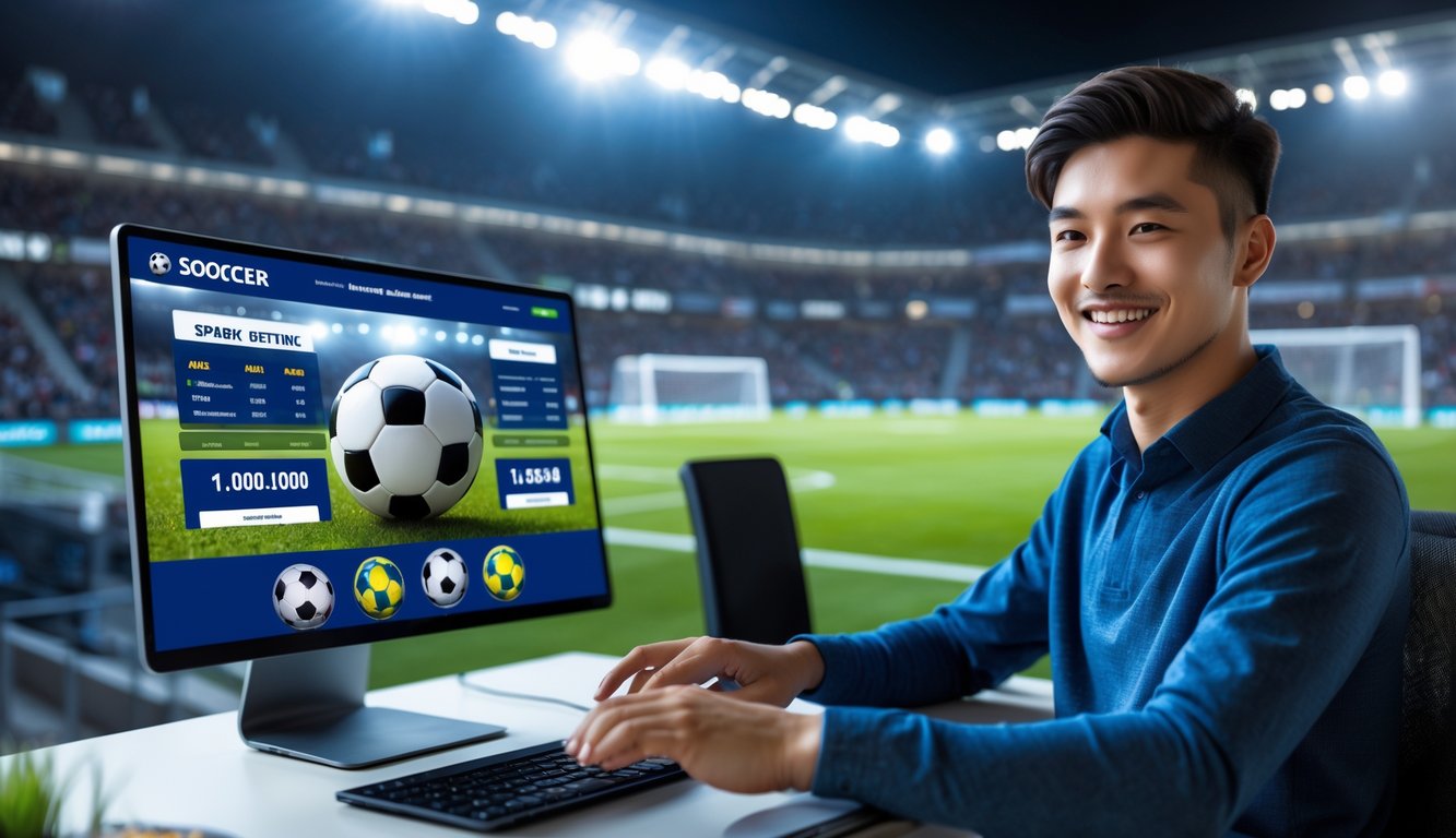 Seseorang menggunakan komputer dengan latar belakang stadion sepak bola yang ramai, menunjukkan aktivitas taruhan olahraga online.