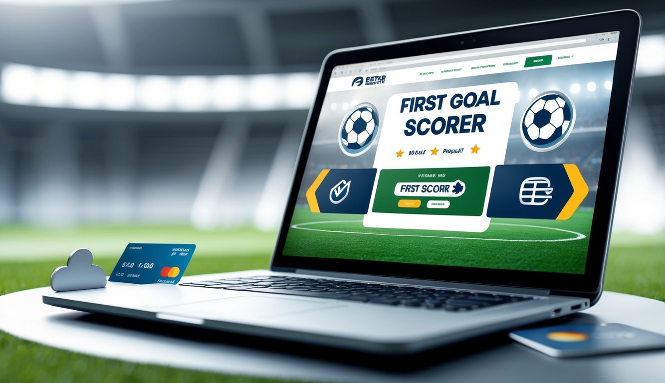 Seseorang menggunakan laptop dengan tampilan situs taruhan bola online, dikelilingi oleh ikon pembayaran cepat dan simbol resmi, dengan latar belakang stadion sepak bola yang samar.