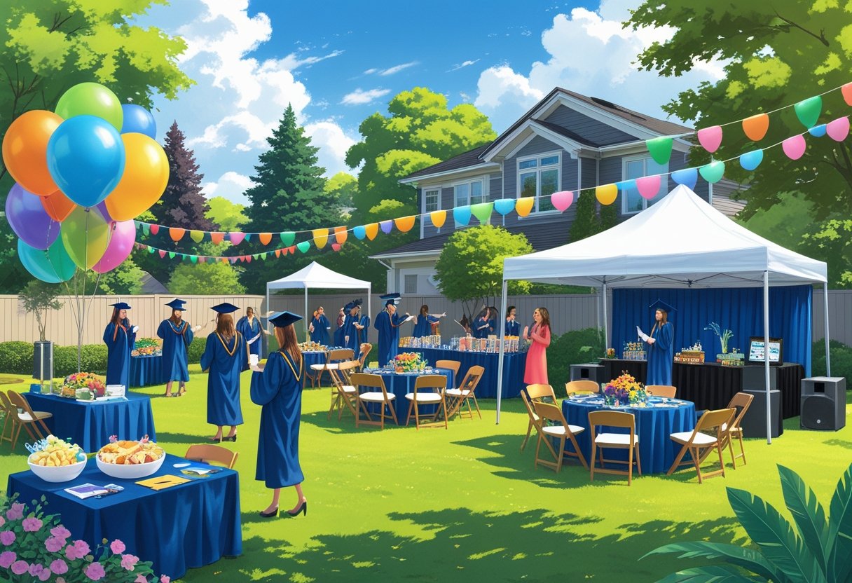 A backyard graduation party with decorations, tables and chairs, graduates celebrating with family and friends under a sunny sky.