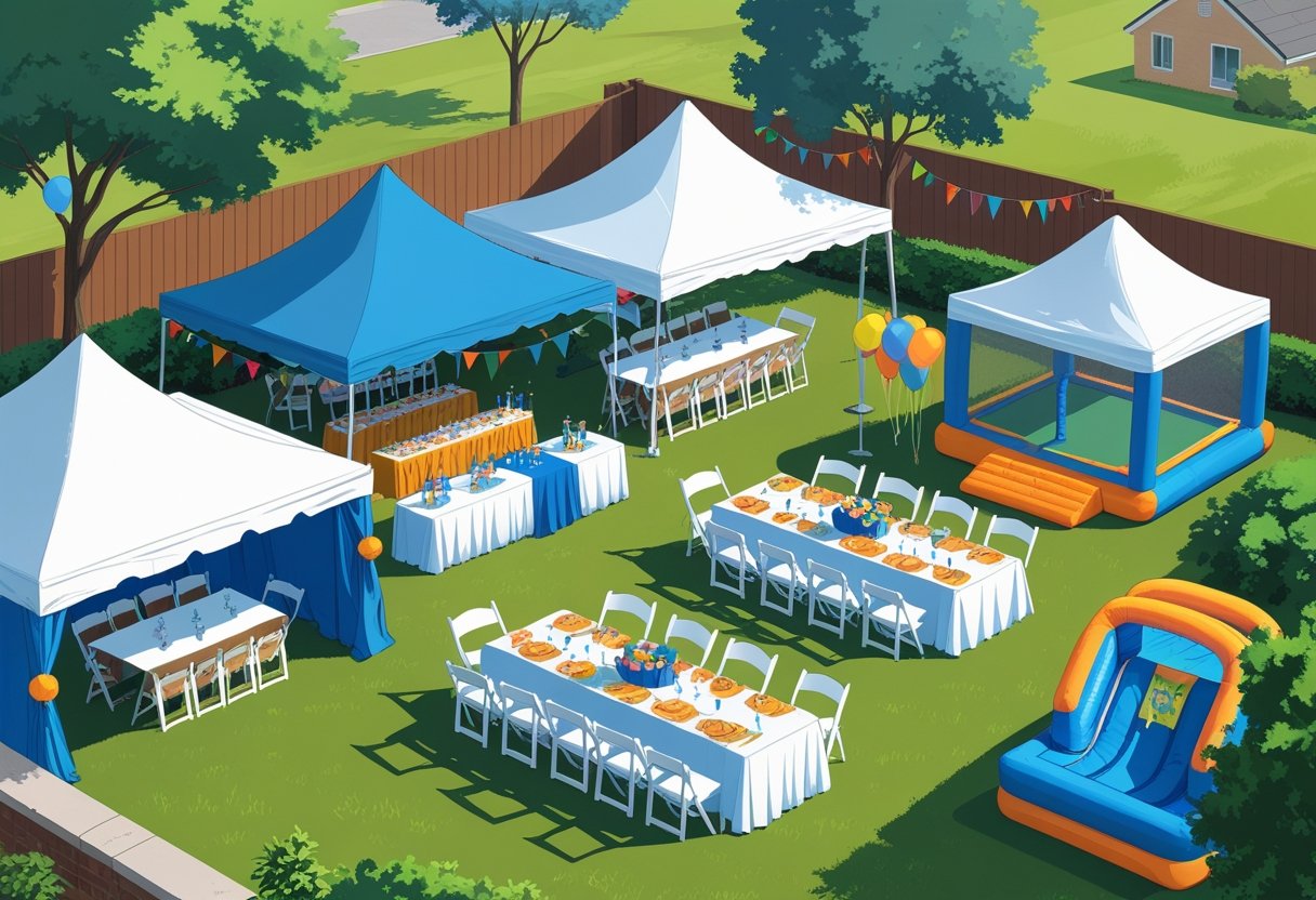 Outdoor graduation party setup with tents, chairs, tables, a stage, and decorations in a backyard.