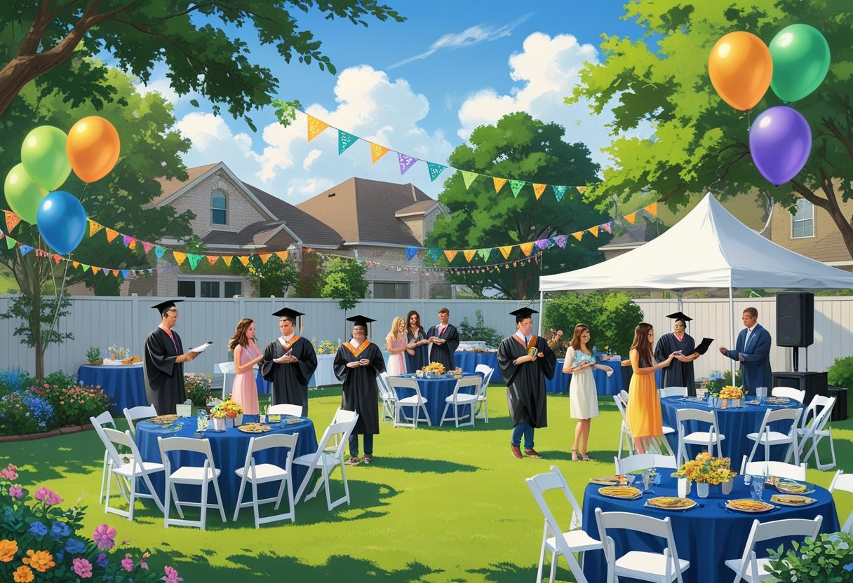 An outdoor graduation party in a decorated backyard with graduates, guests, tables, chairs, a tent, and party decorations.