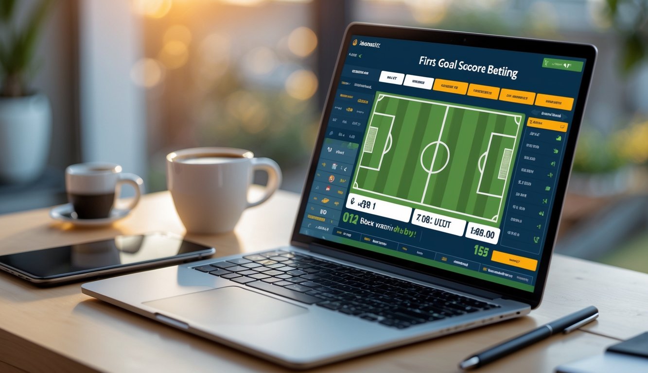 Seorang pria menggunakan laptop dengan tampilan situs taruhan bola online di meja kerja dengan kopi dan ponsel di dekatnya.