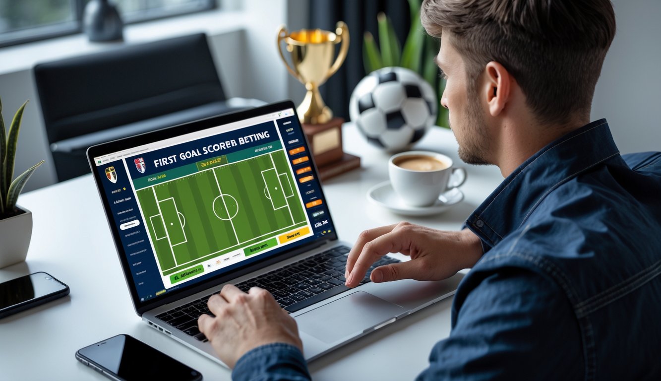 Seorang pria muda sedang menggunakan laptop di meja kerja dengan tampilan situs taruhan bola online, dikelilingi oleh bola sepak dan cangkir kopi.