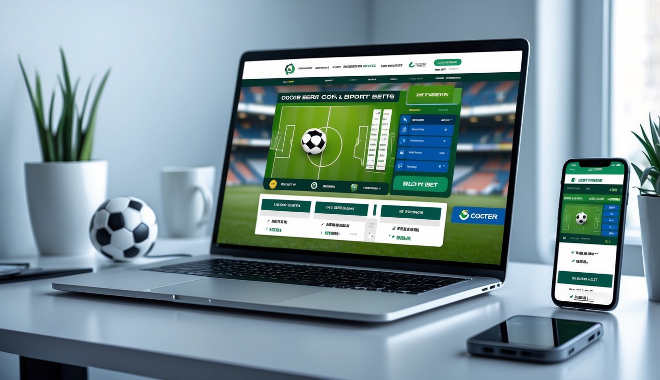 Seorang pria menggunakan laptop dan ponsel di meja dengan tampilan situs taruhan sepak bola online.