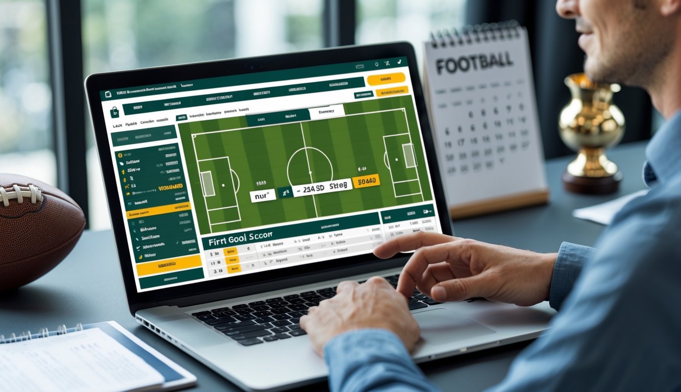Seseorang menggunakan laptop di meja kerja dengan tampilan situs taruhan bola online dan bola sepak di sampingnya.
