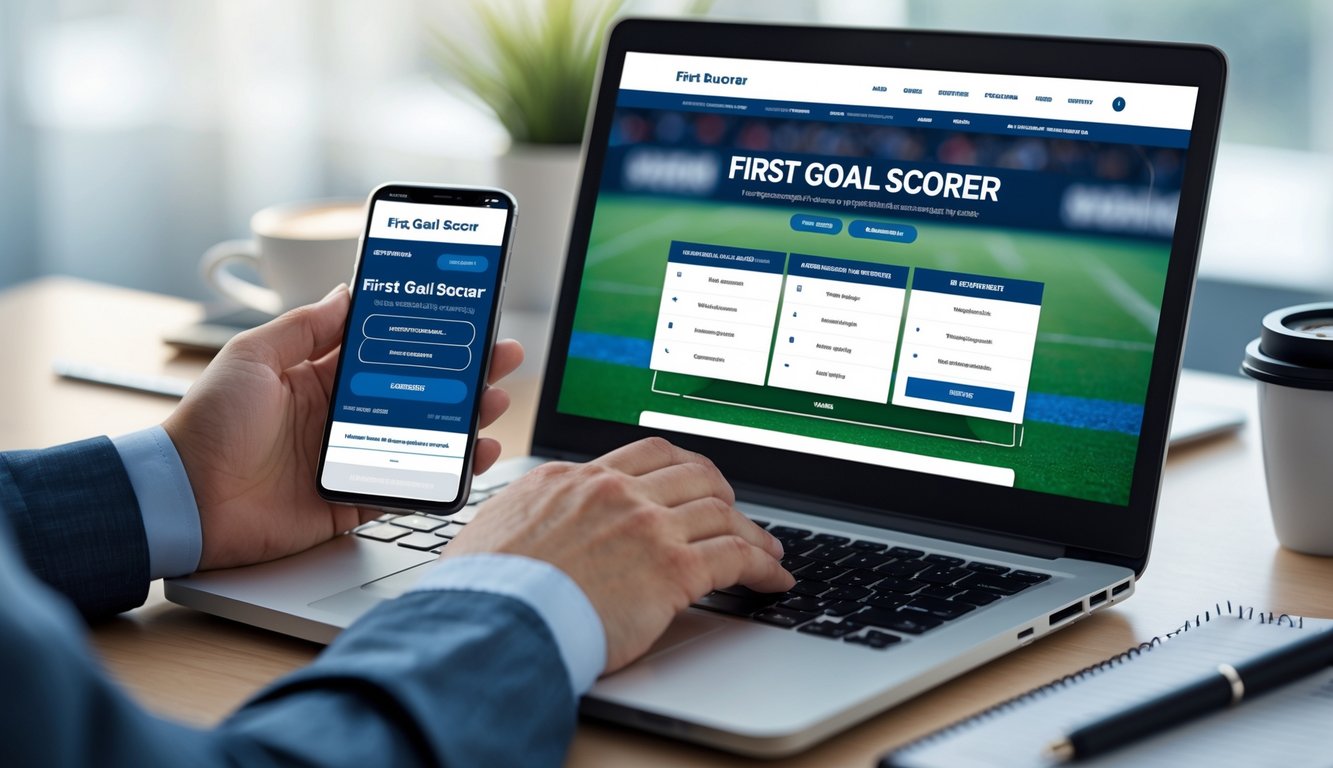 Seorang pengguna sedang menggunakan laptop dengan situs taruhan bola online terbuka di layar, di meja kerja yang rapi dengan ponsel, cangkir kopi, dan alat tulis di sekitarnya.