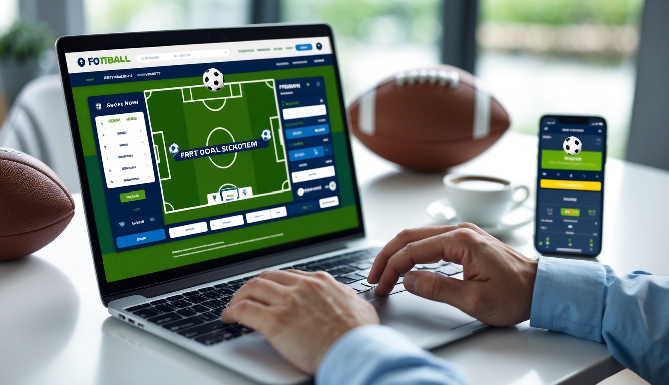 Orang menggunakan laptop untuk memasang taruhan sepak bola dengan bola dan ponsel di meja.