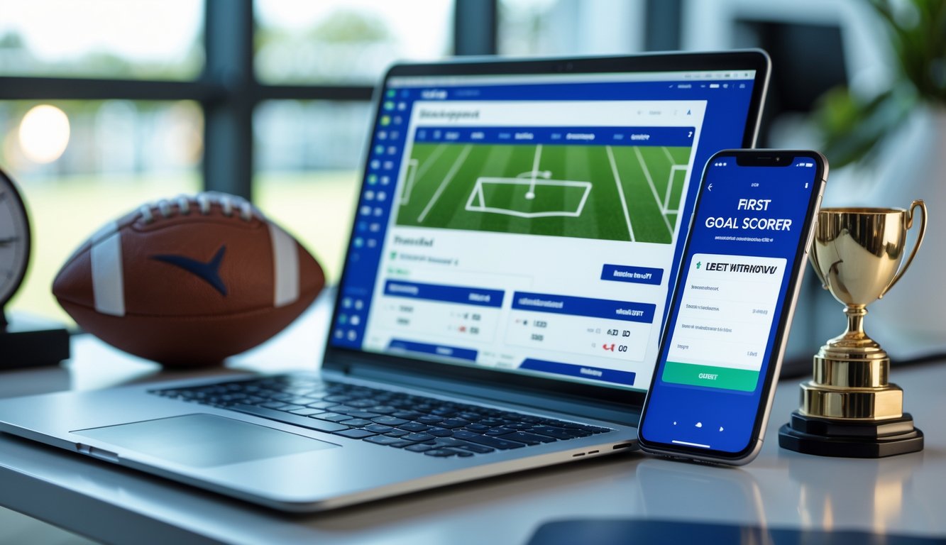 Seorang pria menggunakan laptop dan ponsel di meja kerja dengan latar belakang elemen sepak bola seperti bola dan trofi kecil.