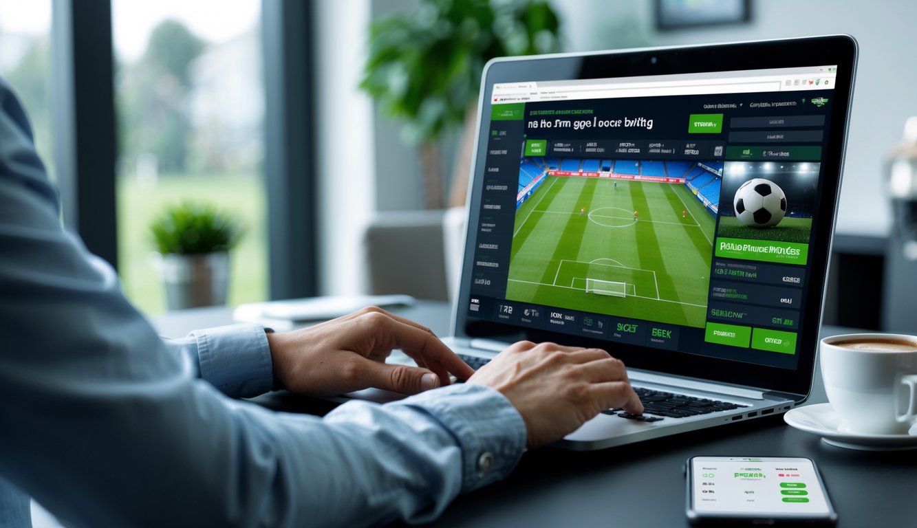 Seseorang menggunakan laptop untuk memasang taruhan bola online dengan pertandingan sepak bola yang sedang berlangsung di layar.