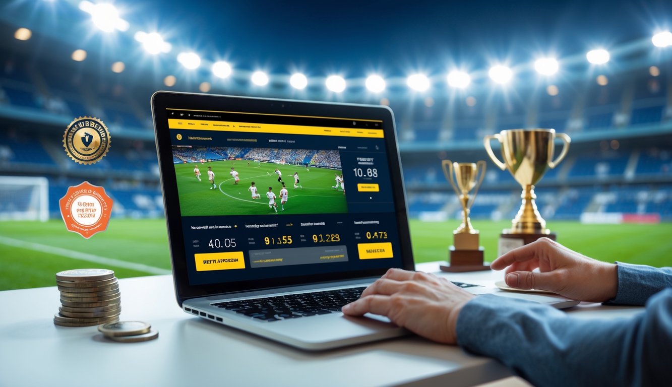 Orang menggunakan laptop dengan tampilan situs taruhan bola online dan latar belakang stadion sepak bola yang menyala.