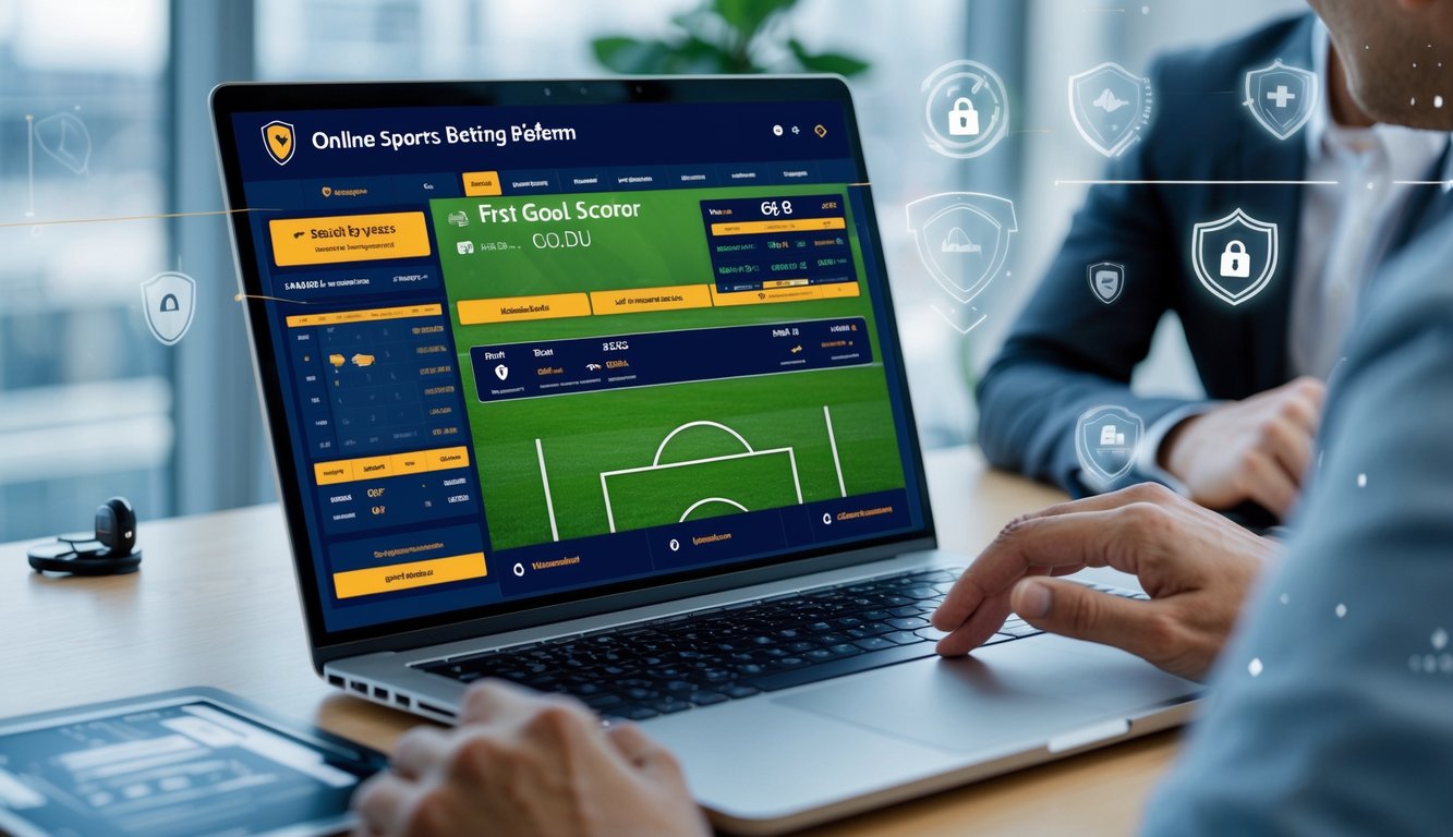 Seseorang menggunakan laptop di kantor dengan tampilan platform taruhan olahraga online yang menampilkan pilihan pencetak gol pertama dan simbol keamanan digital.