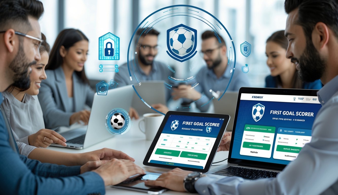 Orang-orang menggunakan perangkat digital untuk bertaruh pada skor gol pertama dalam pertandingan sepak bola dengan suasana yang aman dan modern.