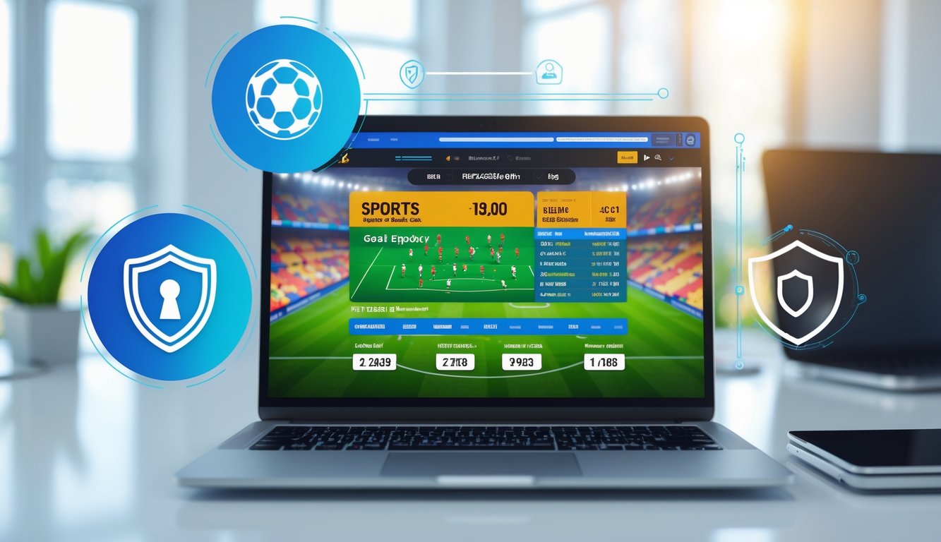 Seorang pria menggunakan laptop di meja kerja dengan tampilan situs taruhan bola online yang menampilkan statistik pertandingan sepak bola secara real-time.