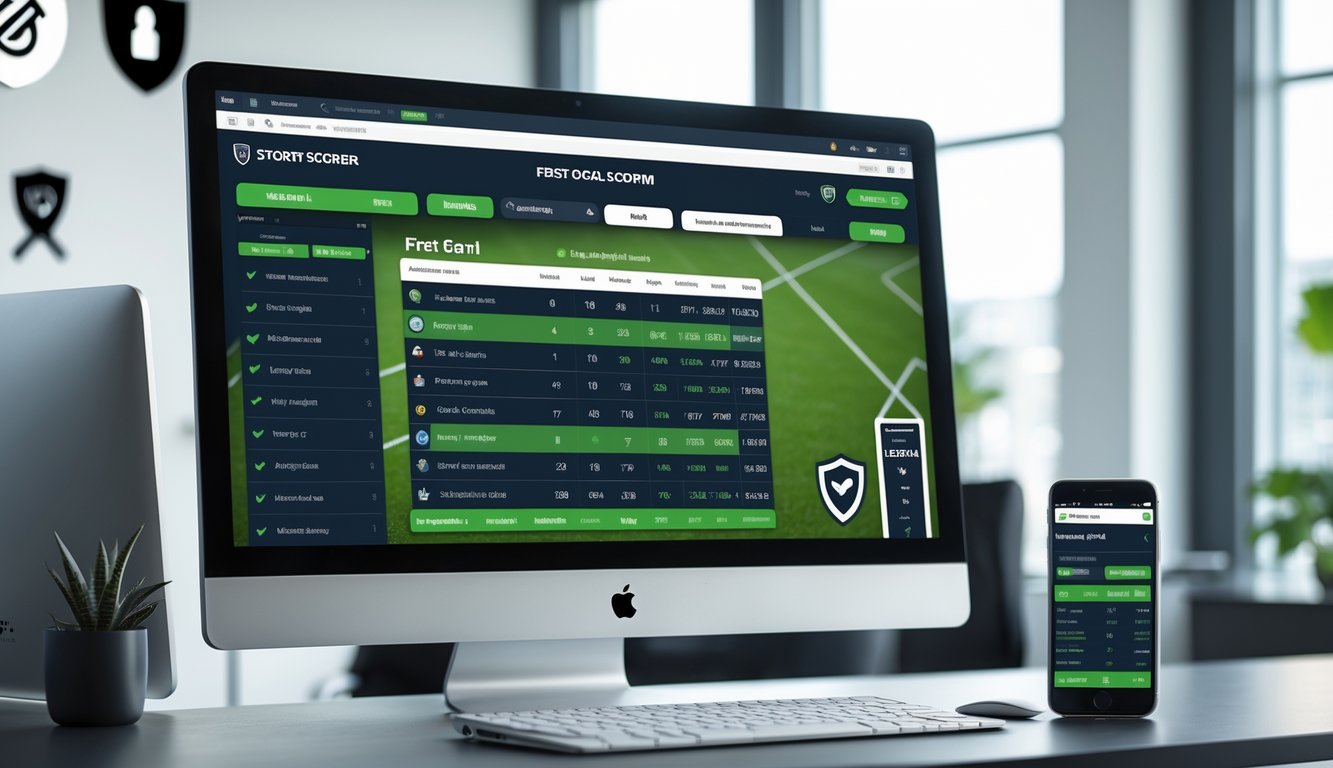 Seorang pengguna menggunakan komputer dan ponsel untuk melihat statistik pertandingan sepak bola dan peluang taruhan dalam suasana kantor modern.