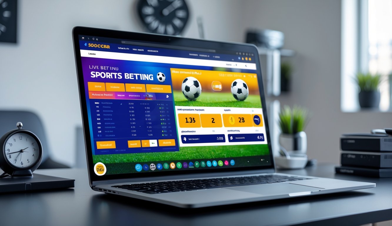 Seorang pria menggunakan laptop di meja kerja modern dengan tampilan situs taruhan olahraga sepak bola online di layar.