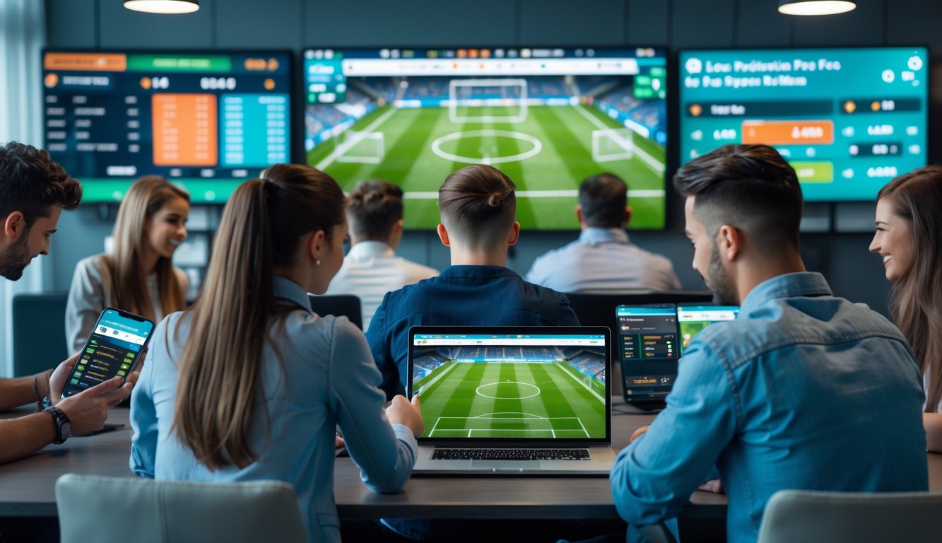 Sekelompok orang menggunakan perangkat digital untuk bertaruh pada pertandingan sepak bola secara online dengan suasana modern dan ramai.