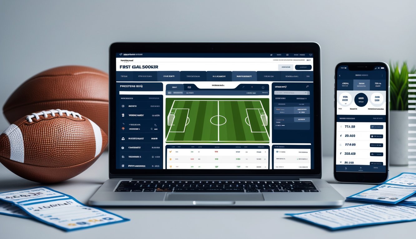 Seseorang menggunakan laptop dengan layar menampilkan situs taruhan bola online dan bola sepak di meja.