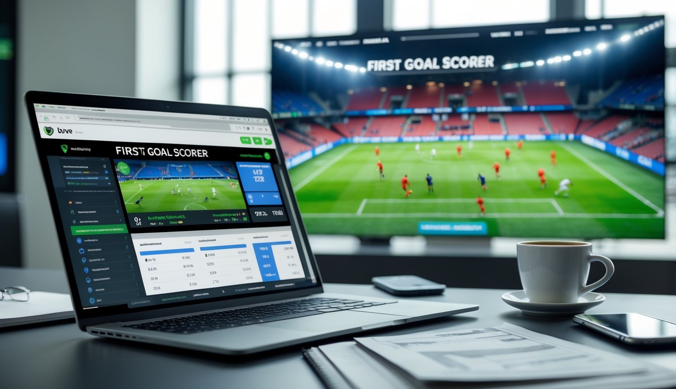 Seorang pria menggunakan laptop di meja kerja dengan layar menampilkan situs taruhan sepak bola, di latar belakang pertandingan sepak bola sedang berlangsung di layar besar.