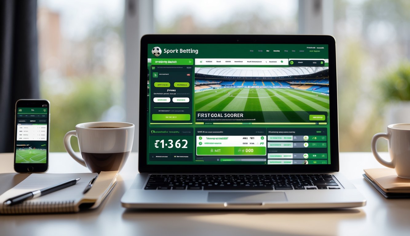 Seorang pengguna sedang melihat situs taruhan sepak bola online di laptop dengan suasana nyaman di rumah atau kantor.