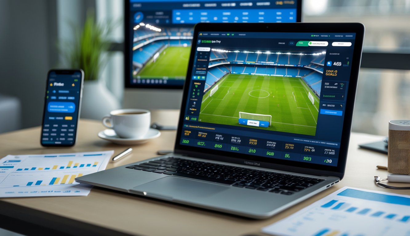 Seorang pria menggunakan laptop di meja kerja dengan tampilan pertandingan sepak bola dan statistik pencetak gol pertama di layar.