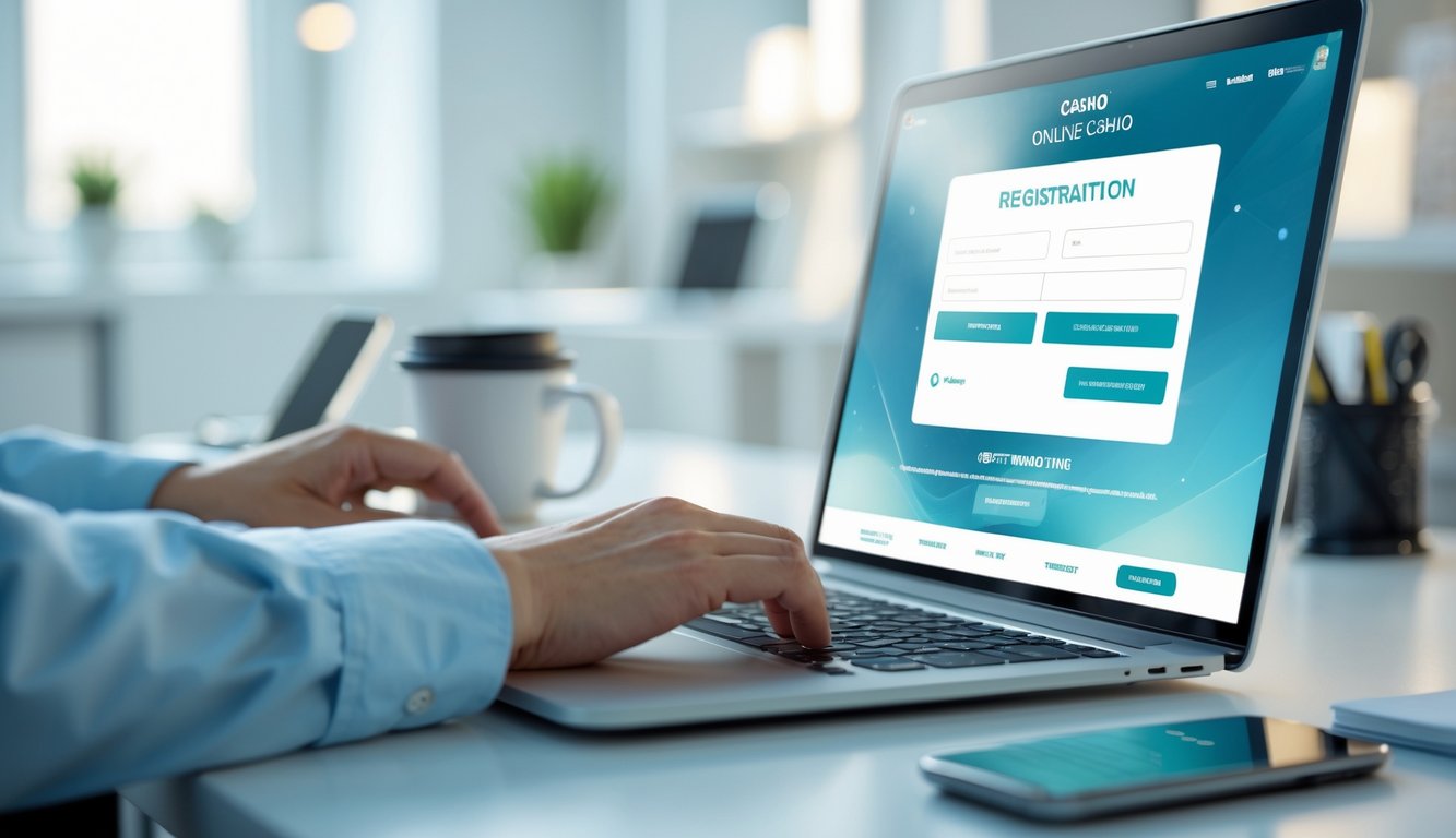 Seseorang menggunakan laptop di meja kerja dengan latar kantor yang terang dan rapi, menunjukkan proses pendaftaran kasino online yang cepat dan aman.