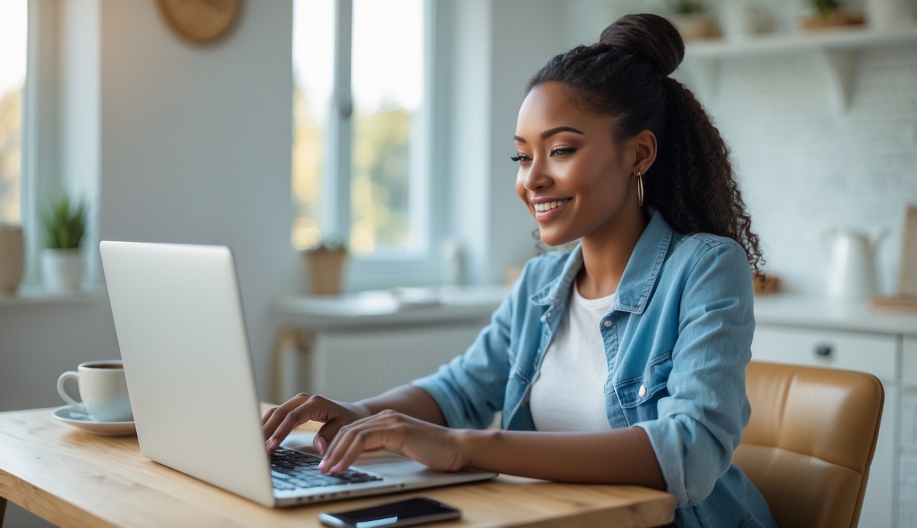 Seorang wanita muda sedang menggunakan laptop di ruang kerja rumah yang nyaman dengan senyum di wajahnya.