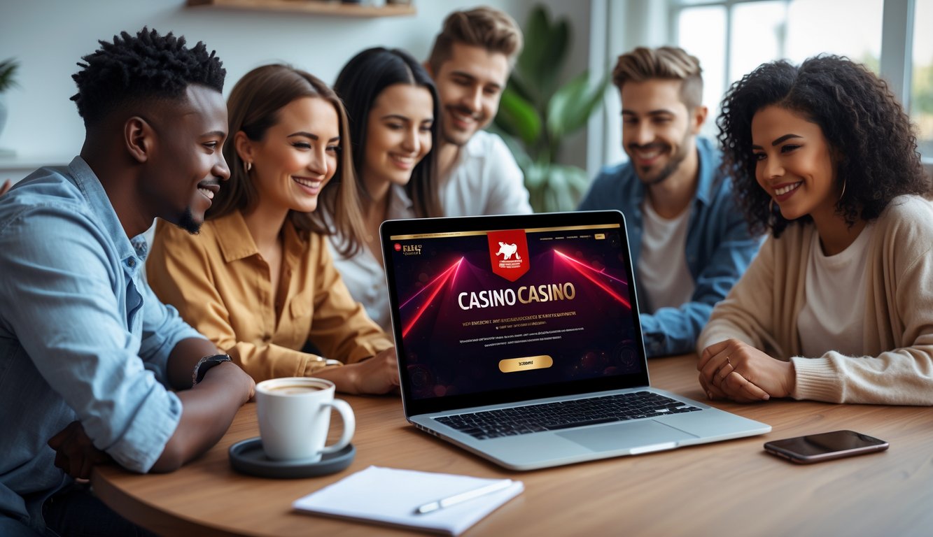 Beberapa orang muda sedang berkumpul di sekitar laptop yang menampilkan situs kasino online, dengan suasana nyaman di ruang tamu.