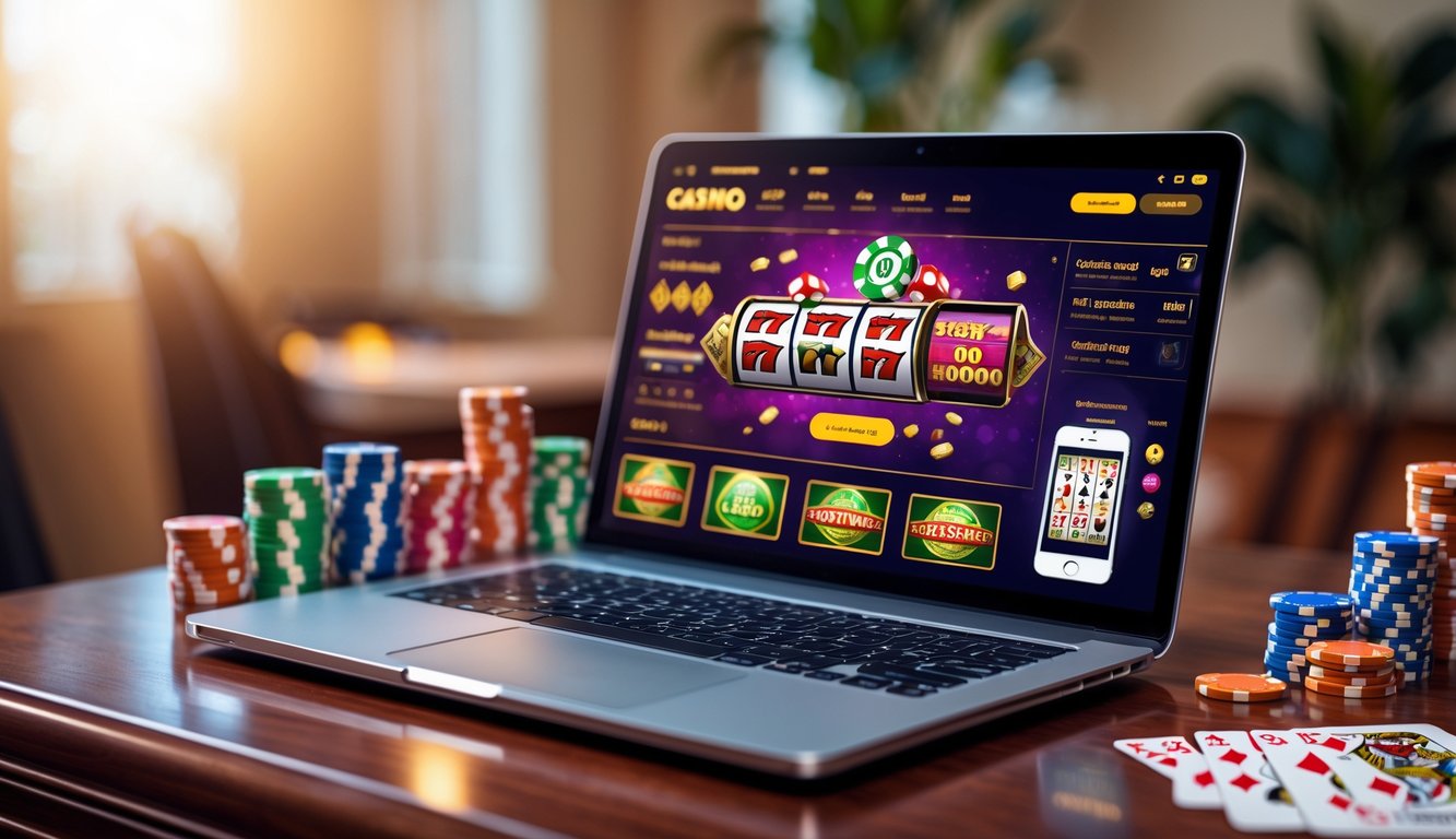 Seorang pengguna sedang membuka situs kasino online resmi di laptop dan ponsel dengan chip poker dan kartu di meja.
