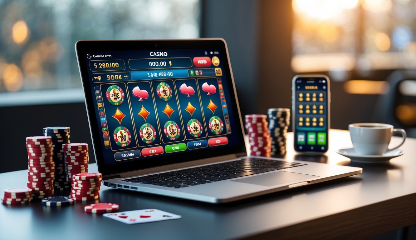 Sebuah laptop dengan tampilan permainan kasino online, dikelilingi oleh chip poker dan kartu remi di atas meja kerja yang rapi.