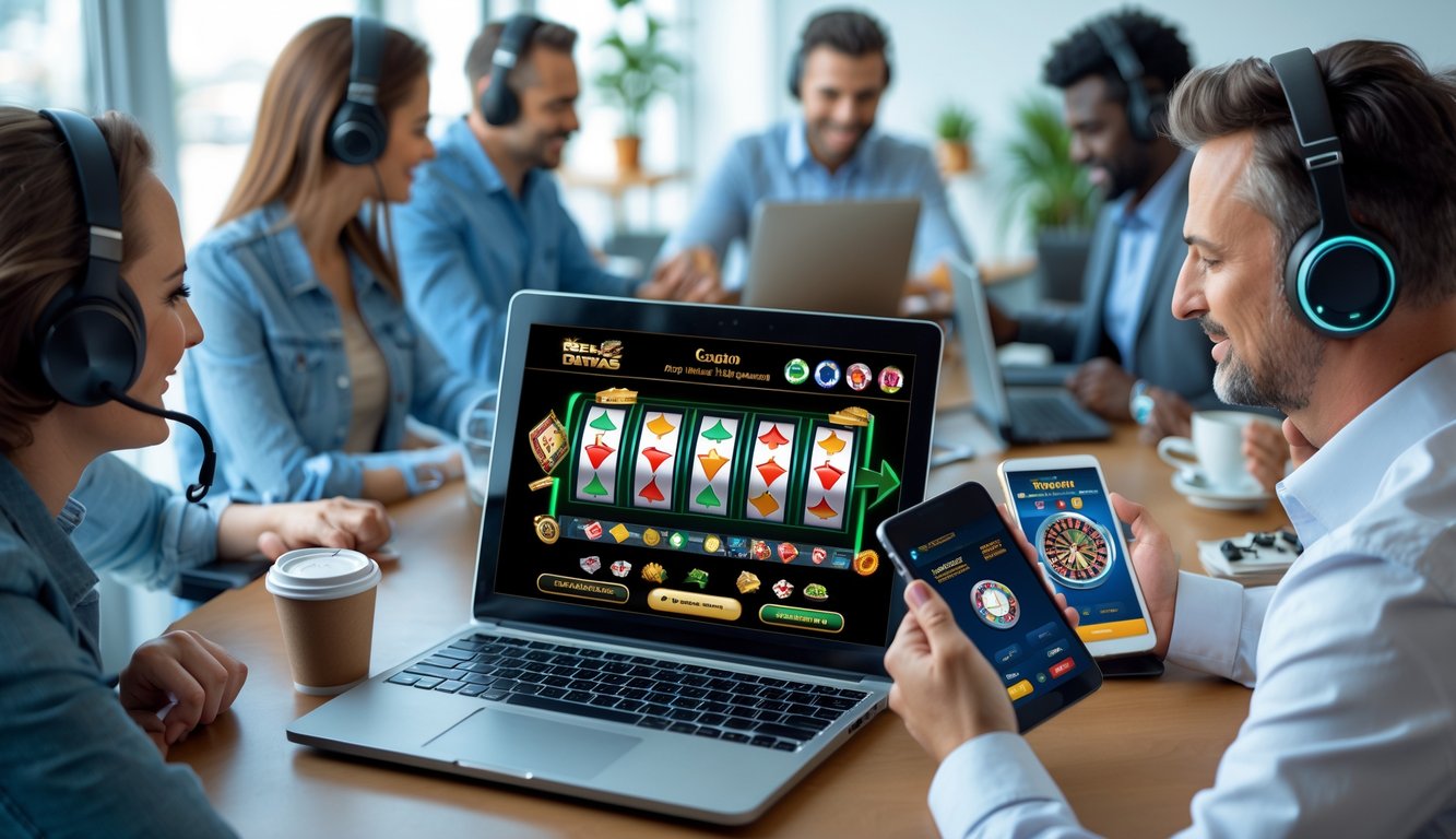 Orang-orang menggunakan perangkat digital untuk bermain permainan kasino online di lingkungan yang nyaman dan modern.