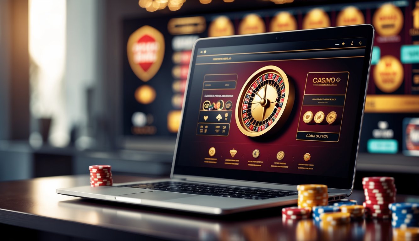 Laptop atau ponsel menampilkan antarmuka kasino online dengan chip poker dan kartu bermain di meja yang rapi dan terang.