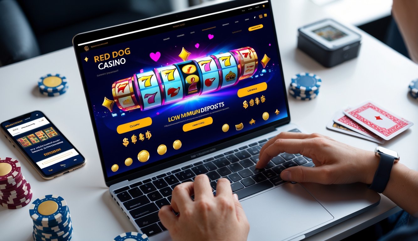 Seseorang menggunakan laptop dengan tampilan permainan kasino online Red Dog di layar, di meja terdapat chip poker dan kartu remi.