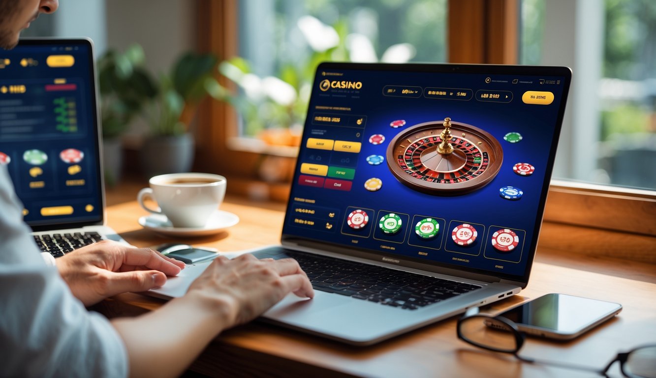 Laptop dan ponsel di atas meja kayu menampilkan antarmuka kasino online dengan grafik permainan kasino, chip, kartu, dan roda roulette.