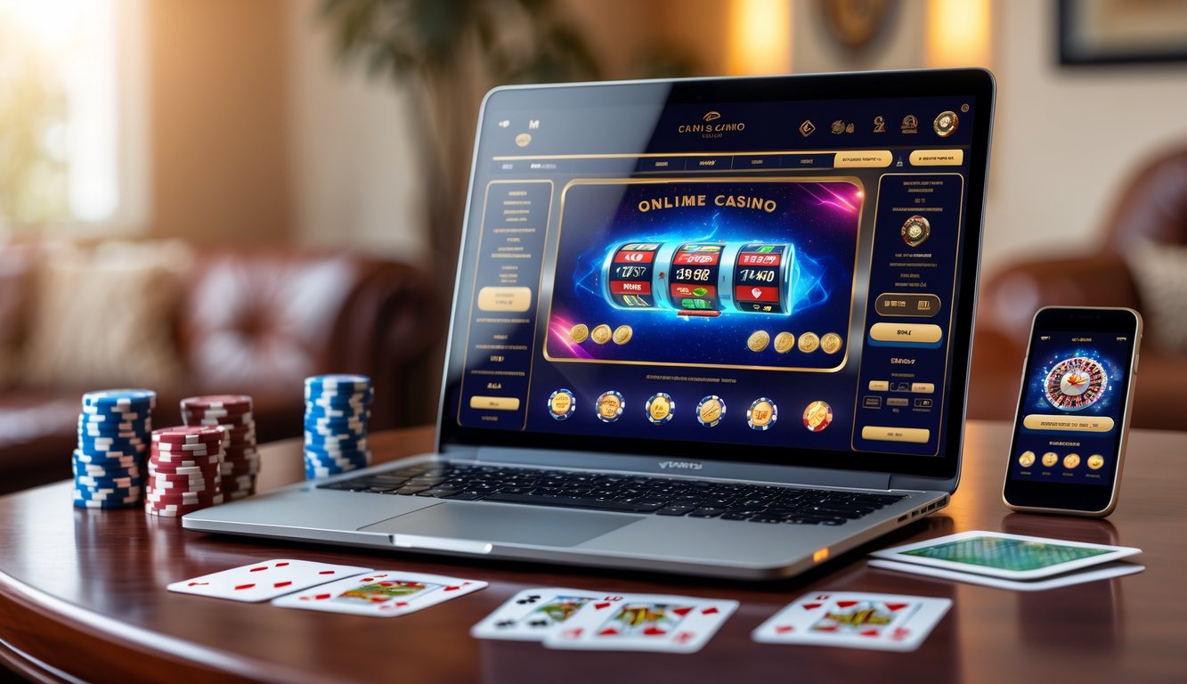 Seorang pengguna laptop dengan tampilan situs kasino online di layar, dikelilingi chip poker dan kartu remi di atas meja kayu.
