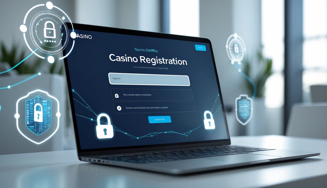 Seorang pengguna sedang mendaftar di situs kasino online menggunakan laptop di ruang kantor yang terang dengan ikon keamanan digital di sekitar layar.