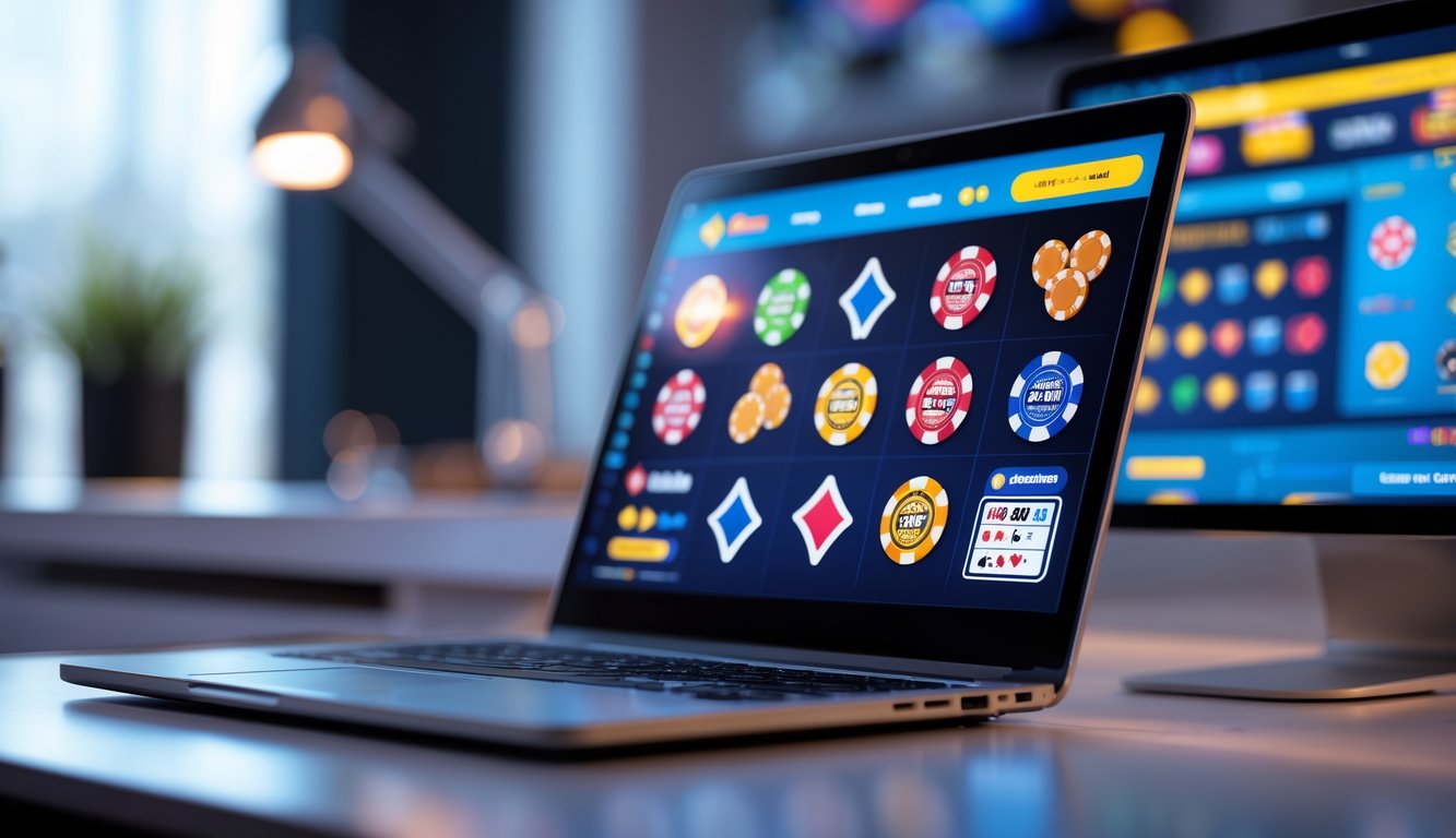 Sebuah laptop di atas meja menampilkan situs kasino online dengan ikon permainan seperti kartu dan chip poker.