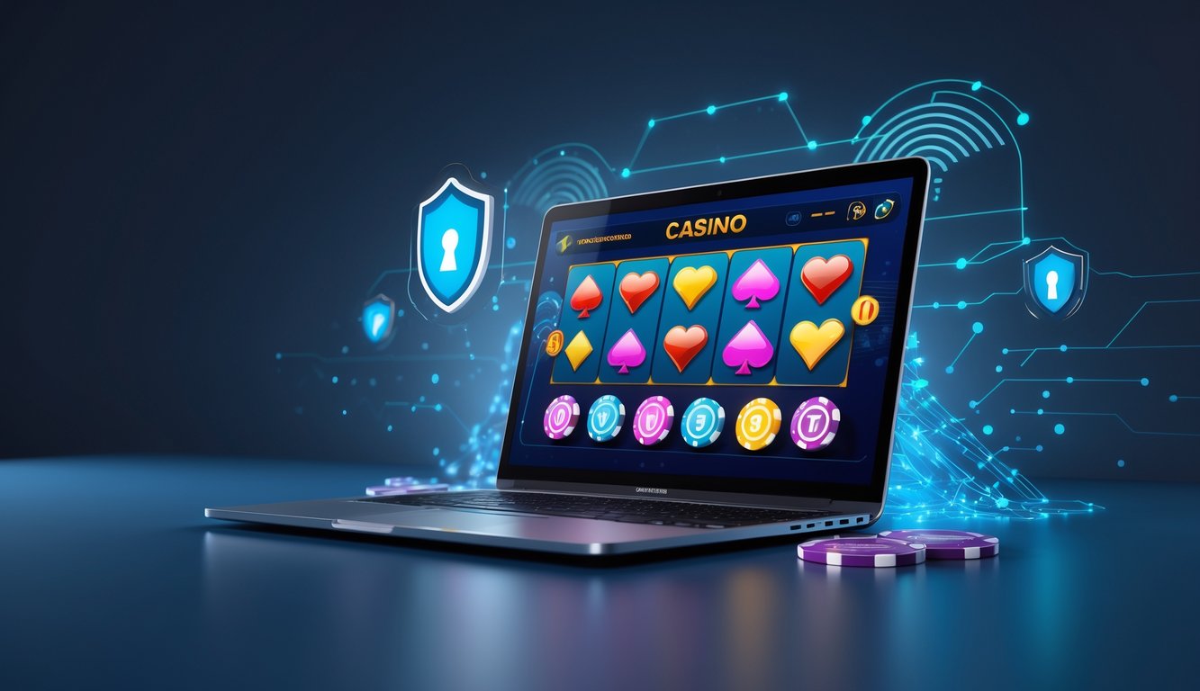 Sebuah laptop menampilkan antarmuka kasino online dengan simbol keamanan dan elemen teknologi yang menunjukkan akses tanpa hambatan.