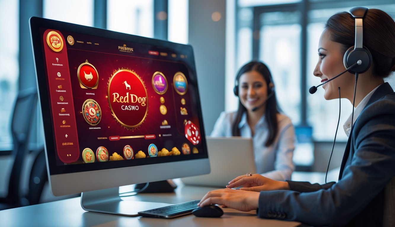 Seorang petugas layanan pelanggan sedang membantu pemain kasino online di ruang kantor yang terang dengan layar komputer menampilkan antarmuka kasino berwarna merah dan emas.