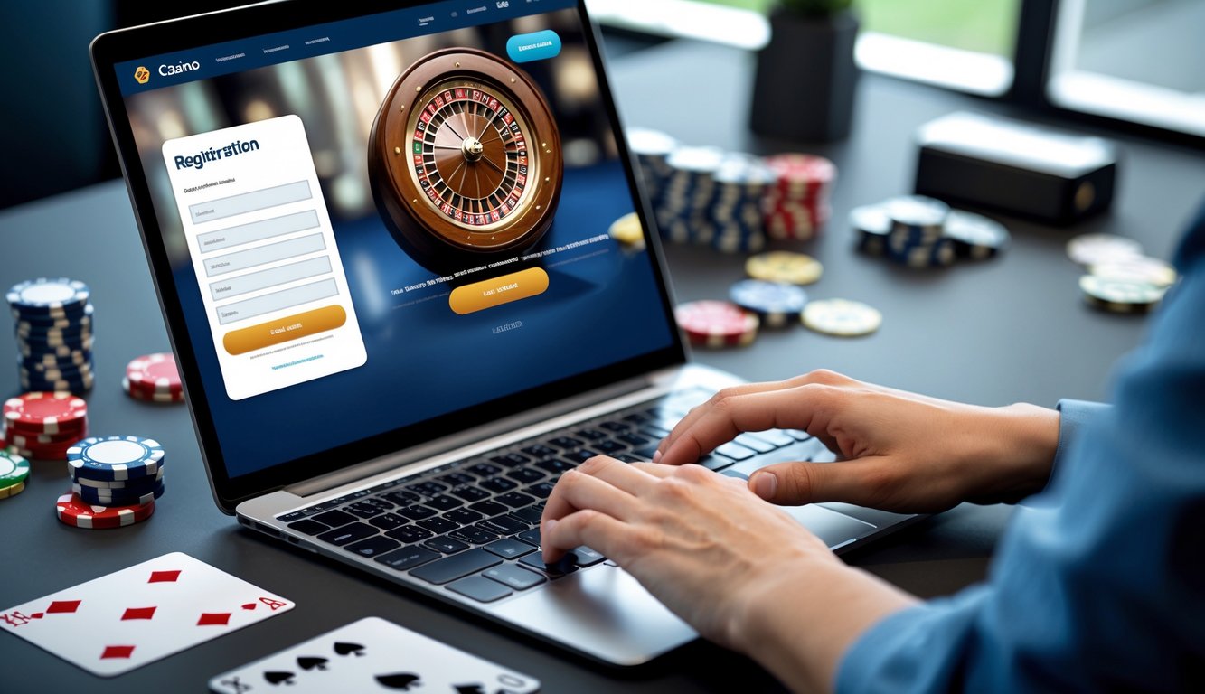 Seseorang sedang mendaftar di kasino online menggunakan komputer dengan tampilan layanan pelanggan di layar ponsel di sampingnya.