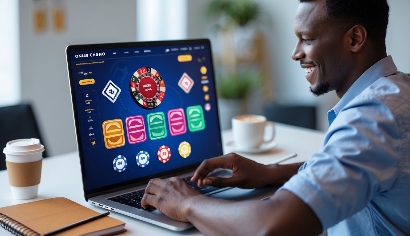Seseorang sedang menggunakan komputer dengan tampilan permainan kasino online di layar dalam ruangan yang terang dan rapi.