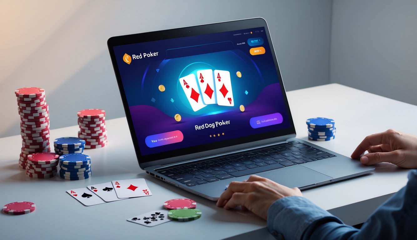 Sebuah laptop menampilkan permainan poker online dengan tumpukan chip dan kartu remi di meja kerja yang rapi.