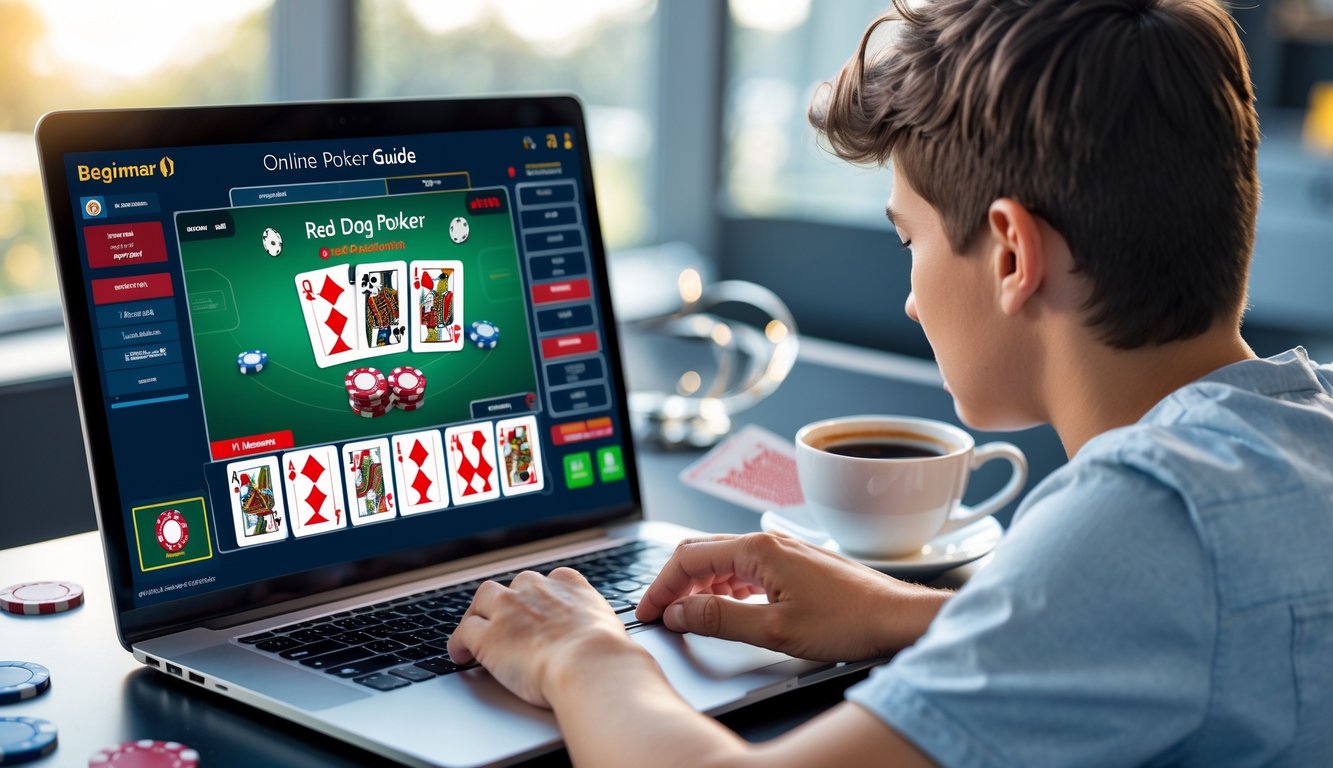 Seseorang duduk di depan laptop yang menampilkan permainan poker online Red Dog, dengan chip poker dan kartu di meja.