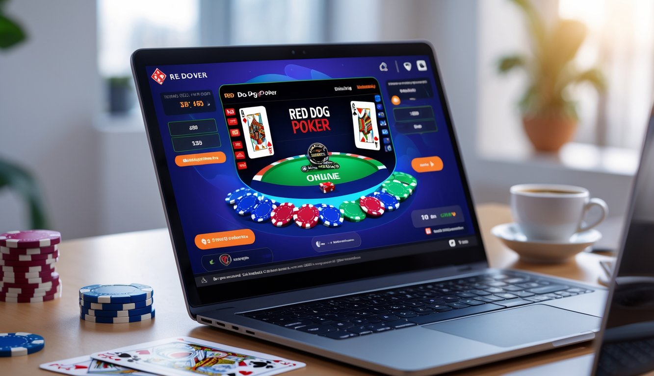 Seorang pengguna duduk di depan komputer dengan layar menampilkan permainan Red Dog Poker online, dikelilingi oleh chip poker dan kartu bermain di meja.