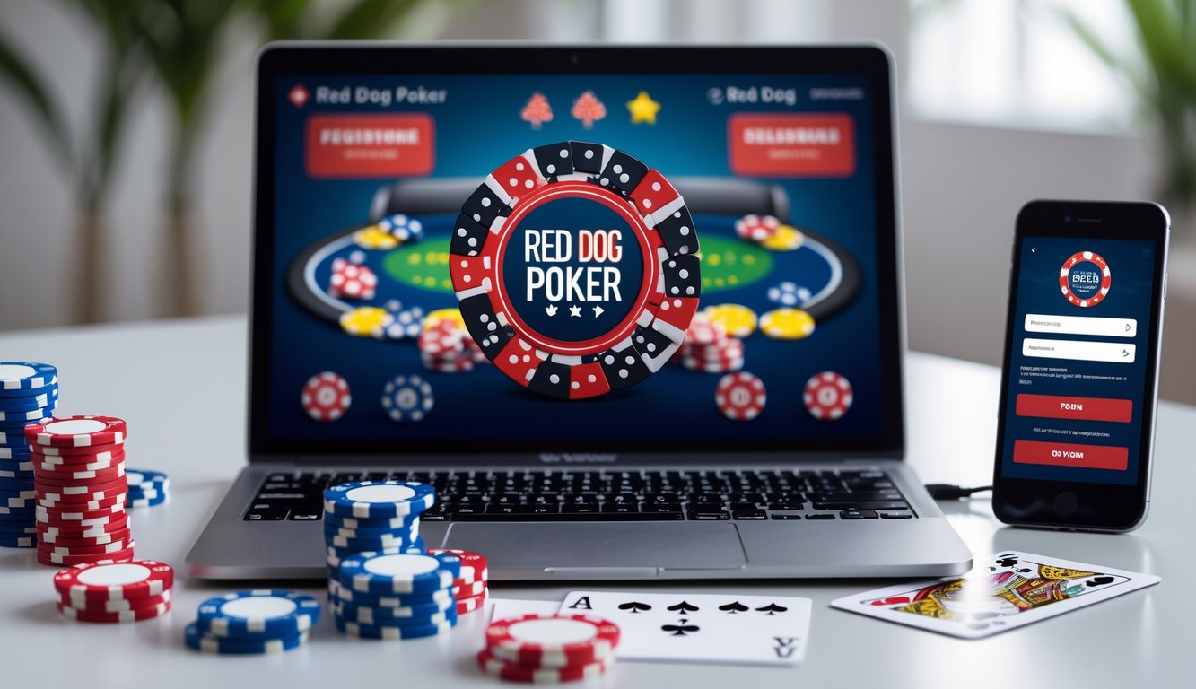 Sebuah meja dengan komputer menampilkan permainan Red Dog Poker online, dikelilingi oleh chip poker dan kartu, serta ponsel yang menunjukkan halaman pendaftaran.
