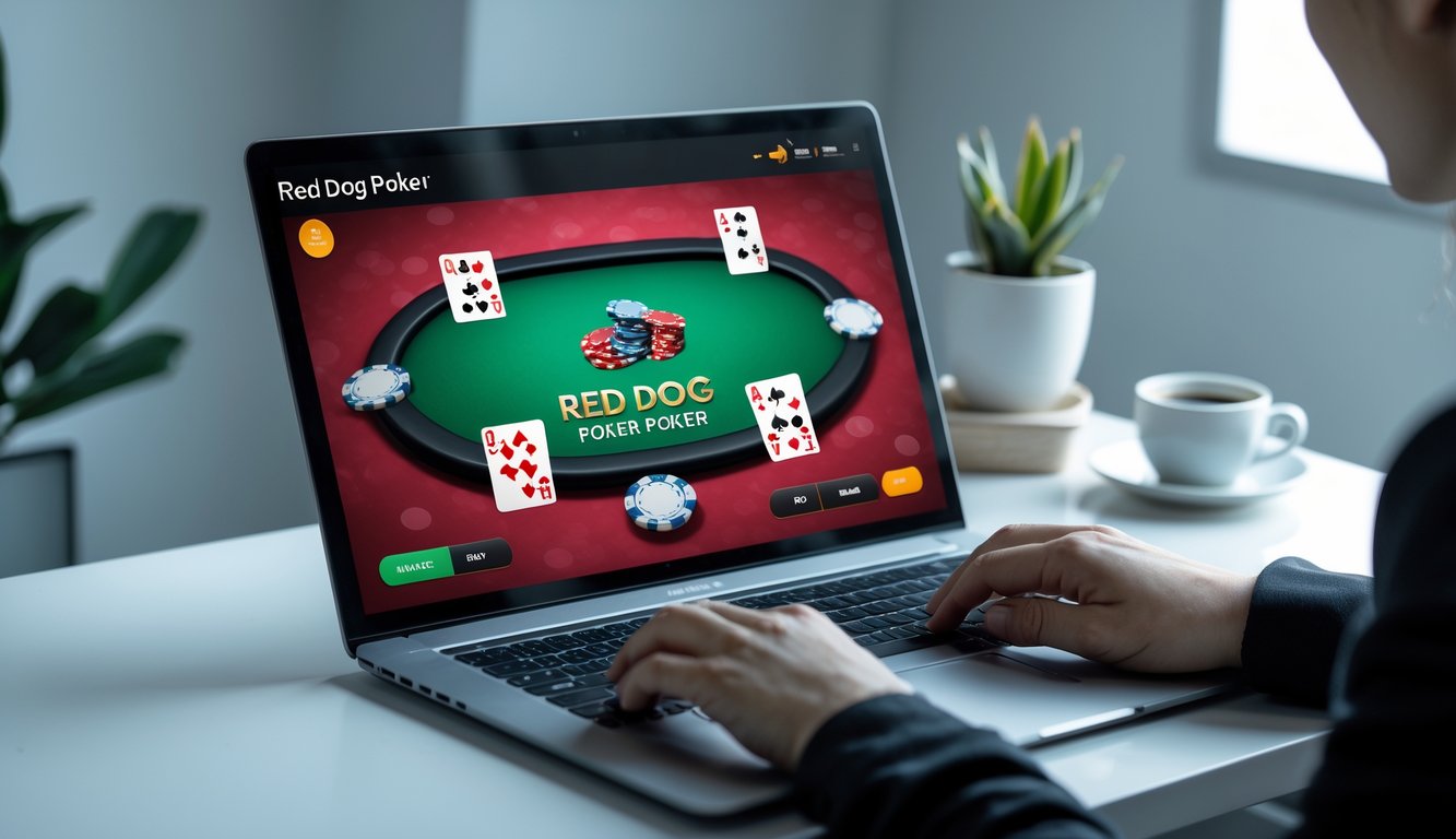Tangan seseorang bermain poker online di komputer dengan kartu dan chip poker terlihat di layar dalam ruangan yang rapi dan nyaman.