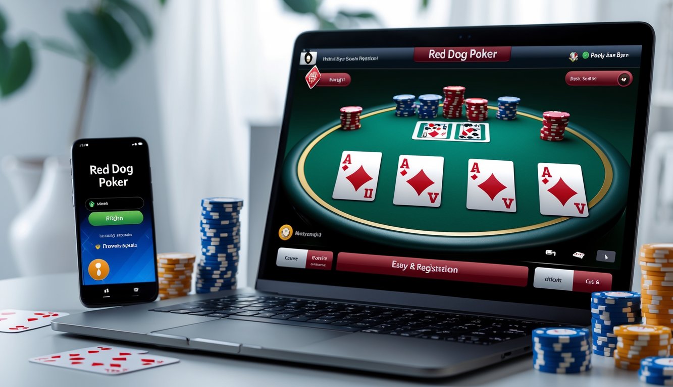 Seorang pria menggunakan laptop dengan tampilan permainan poker online dan beberapa chip poker di meja kerja yang rapi.