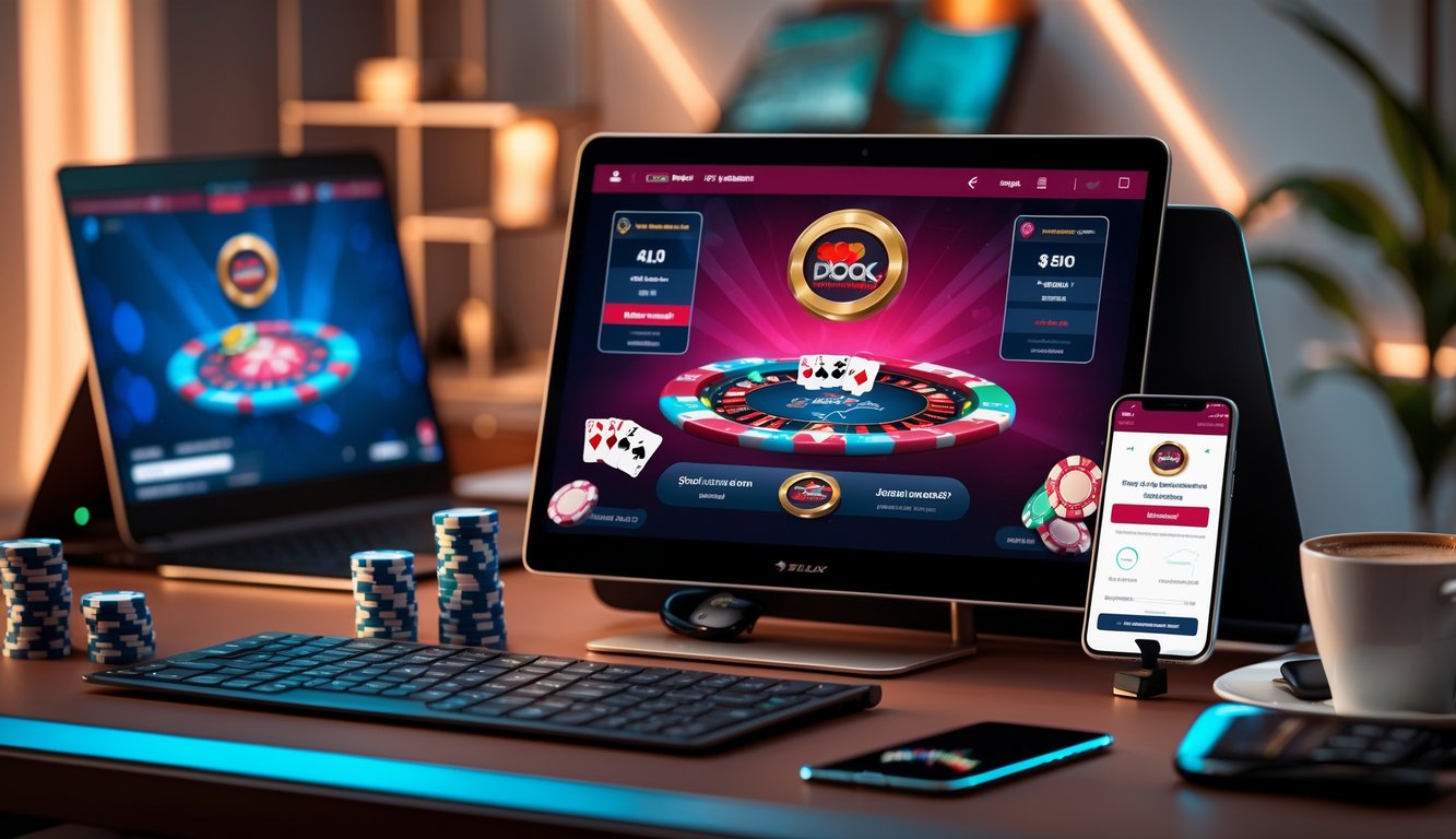 Seorang pemain poker online sedang bermain Red Dog Poker di komputer dengan chip poker dan kartu di meja, di ruangan yang nyaman dan terang.