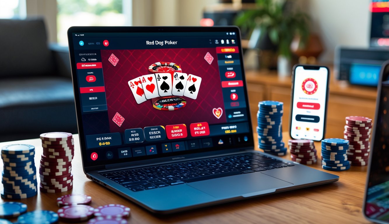Sebuah laptop menampilkan permainan poker online dengan tumpukan chip poker di sekitarnya di ruang kerja yang terang dan nyaman.