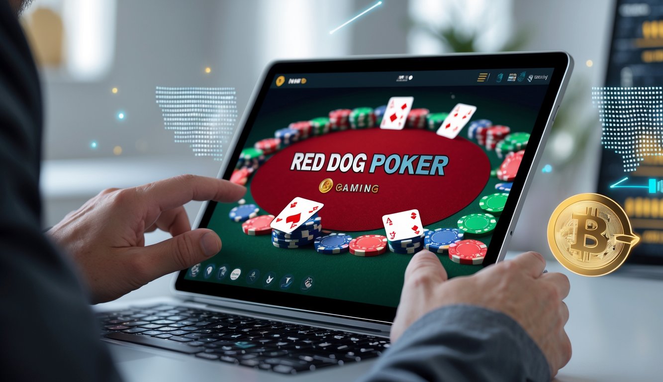 Seseorang menggunakan perangkat digital untuk bermain poker online dengan suasana yang profesional dan modern.